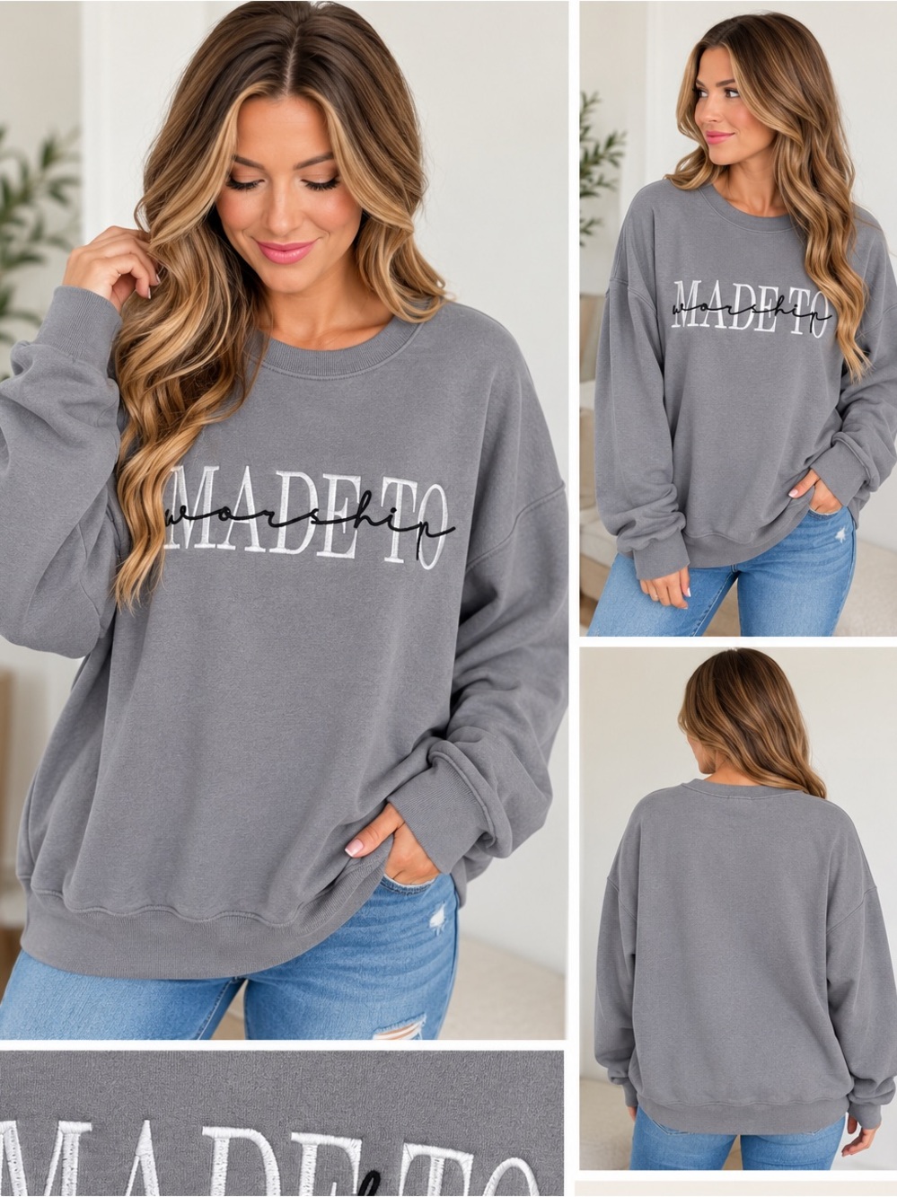 Jerzees Nublend Gray “Made to Worship” Embroidered Sweatshirt Large NWT